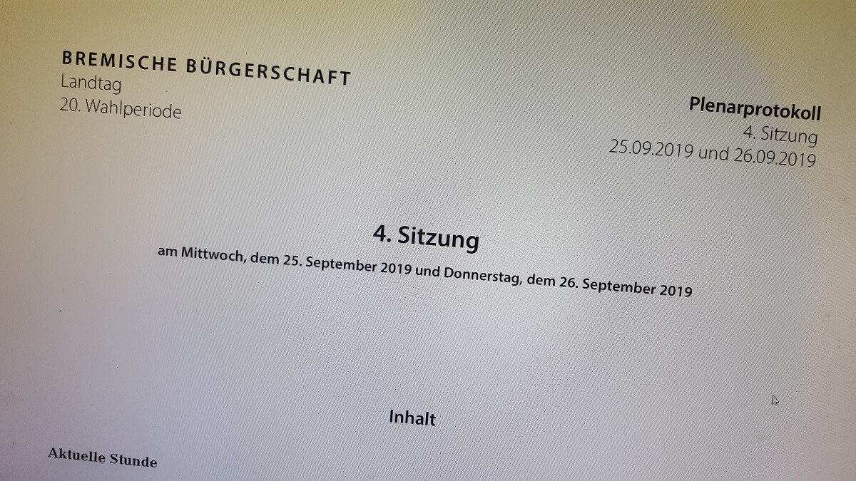 Deckblatt des Protokoll 4. Stizung der Bremischen Bürgerschaft (Landtag)